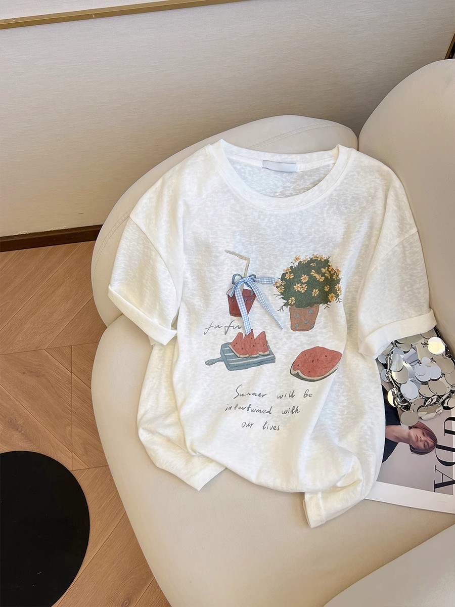 눈꽃 면 이후 패키지 칼라 빅 사이즈 여성 의류 300 근 재미있는 프린트 패션 라운드 넥 반팔 티셔츠 여성 여름 맨위