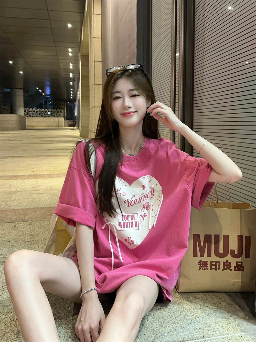 한 부서 하트 프린트 반팔 티셔츠 여성 여름 2026 새로운 패션 캐주얼 루즈핏 다용도 라운드 넥 맨위