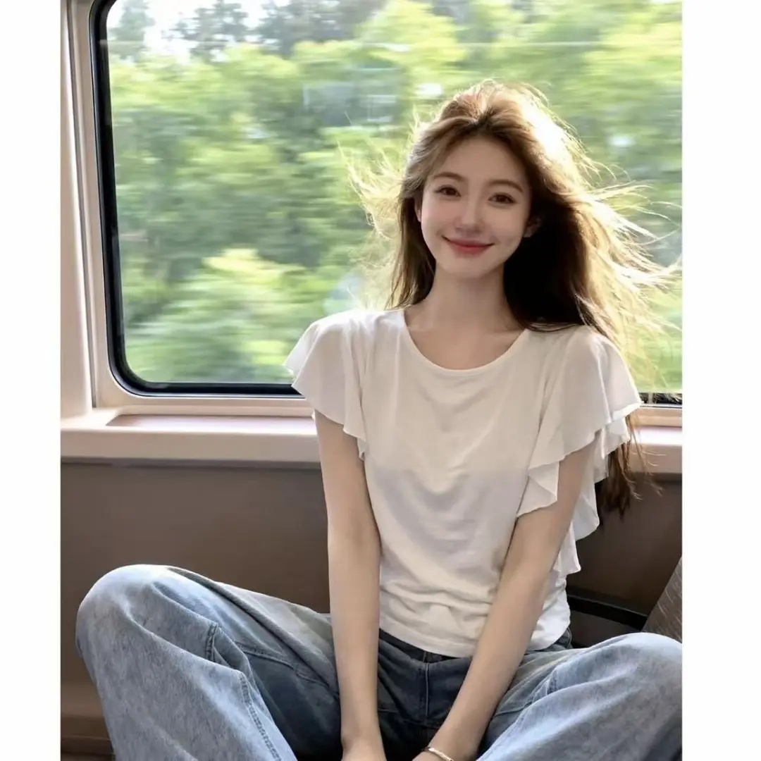 라이 경기 서울 불규칙 프릴 리본 라운드 넥 화이트 티셔츠 여성 여름 한 부서 슬림해 보이는 아니요 명중 섹션 맨위