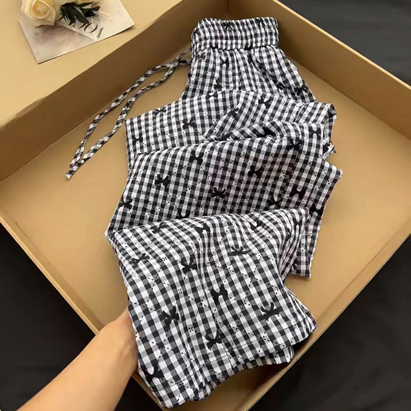 레트로 체크무늬 와이드 레깅스 바지 여름 하이웨이스트 캐주얼 루즈핏 슬림해 보이는 바닥 청소 바지