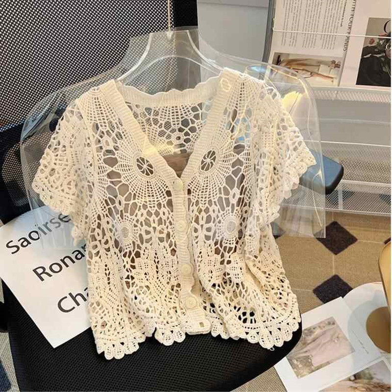 프랑스식 미니멀리즘 부드러운 바람 자수 홀로우 아웃 디자인 센스 작은 대중 반팔 오픈 가디건 여름 새로운 맨위 여성