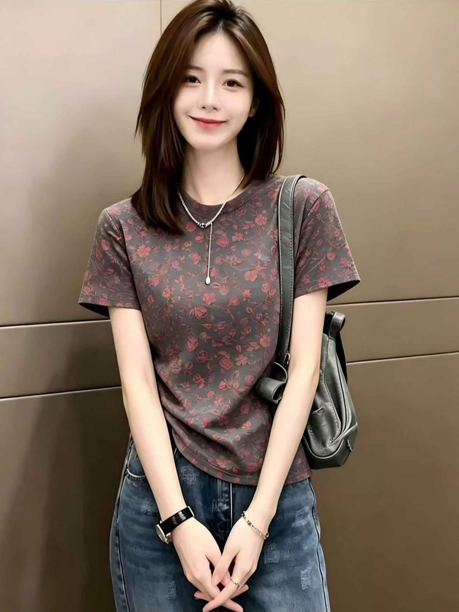 부드러운 레트로 한 부서 바람 분말 조정 꽃무늬 반팔 티셔츠 여성 여름 새로운 슬림해 보이는 연령 감소 여성 의류 맨위