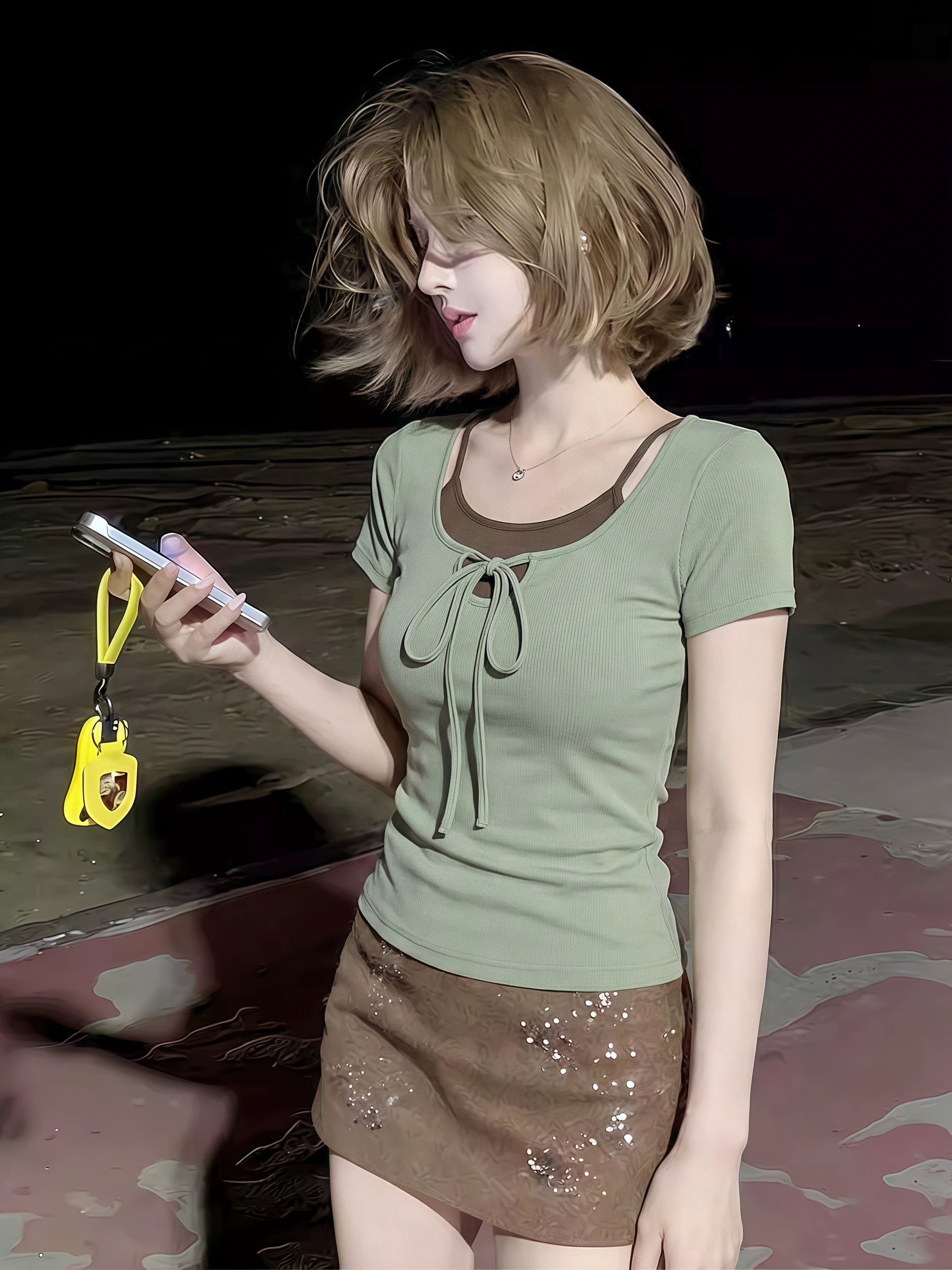사람들 면 260 그램 녹색 광장 칼라 스트랩 긍정적 인 어깨 반팔 티셔츠 여성 여름 슬립 맨위 몸매 가꾸기 투피스 세트