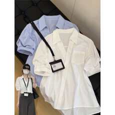 批发高智感法式气质白色翻领短袖<b class='q'>衬衫女</b>夏季新款泡泡袖职场通勤上衣
