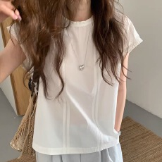 批发<b class='q'>韩版</b>短袖复古圆领衬衣<b class='q'>衬衫女</b>装夏季薄款百搭休闲无袖文艺时尚小衫