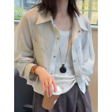 批发韩系翻领单排扣短款外套女<b class='q'>春</b>夏季遮肚子显瘦长袖薄款防晒开衫