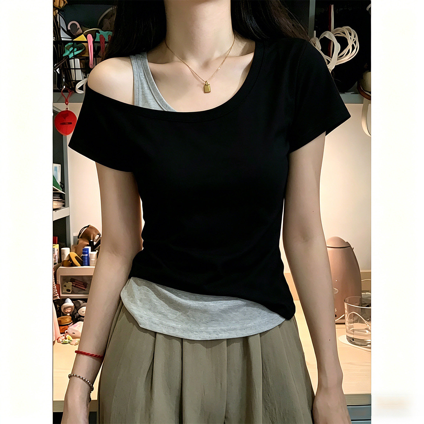 260 그램 사람들 면 92 접착제 8 암모니아 Lun 페이크 레이어드 오프숄더 비스듬한 칼라 반팔 티셔츠 여성 여름 몸매 가꾸기 슬림해 보이는 맨위
