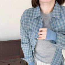 批发磨毛格子衬衫<b class='q'>外套</b>2026初春新款韩版<b class='q'>女装</b>休闲蓝色宽松上衣潮