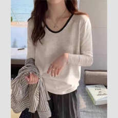 批发人棉1x1罗纹 v领<b class='q'>纯棉</b><b class='q'>打底衫</b>女灰色内搭上衣秋季休闲爆款长袖t恤