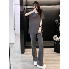 批发宽松慵懒风时尚套装女26秋季高级感欧货灰色短袖上衣喇叭裤两件套