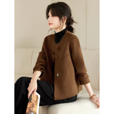批发高级感无领双面羊绒大衣女短款2025年新款秋<b class='q'>冬</b>小个子羊毛毛呢外套