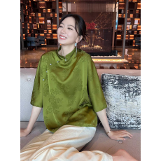 批发许北亭新中式新中国复古仿<b class='q'>真丝</b>花萝提花小立领七分袖宽松<b class='q'>上衣</b>夏季