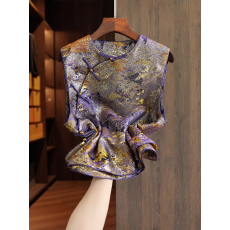 新中式深V领提花马甲女无袖开叉马夹外套气质轻国风马夹复古上衣