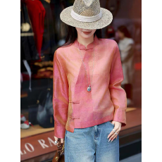 粉色浮光锦桑蚕丝新中式衬衫女2026春季新款复古斜襟国风正肩上衣