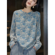 批发新中式蓝色圆领斜襟衬衫女2026春季新款高级感气质显瘦国风上衣潮