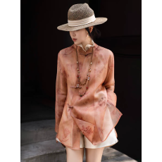 批发新中式真丝欧根纱上衣<b class='q'>中长款</b>国风衬衫宽松轻薄透视立领叠穿内搭女