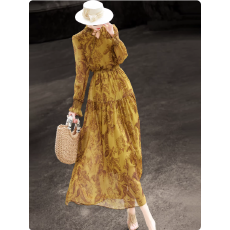 批发2026春季新款气质复古长袖木耳边系带收腰大摆印花<b class='q'>连衣裙</b><b class='q'>女</b>