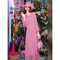 批发淑幂诗2026年夏季新款淑女风粉色束口袖收腰休闲宽松优雅仙女长裙