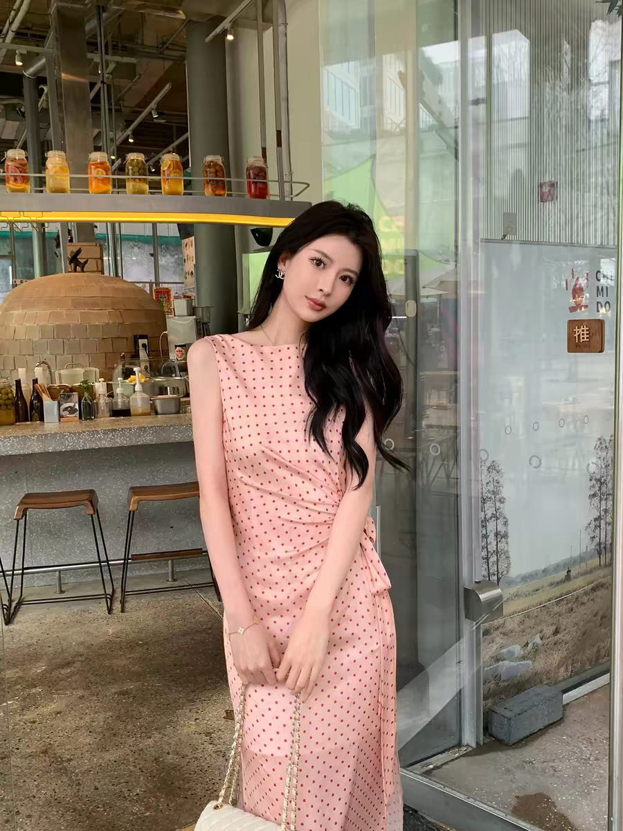 군 합계 kun 예술 건강 프랑스식 레트로 도트 무늬 프린트 여성 드레스 여름 민소매 길다 치마 새로운