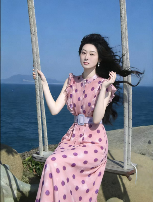 특별 아름다운 꼬집기 허리 작은 치마 예술 건강 밝은 아름다운 아니요 명중 섹션 작은 날다 소매 핑크색 도트 무늬 여성 드레스