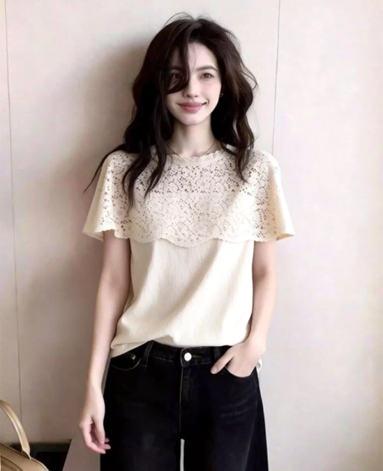 프랑스식 레이스 홀로우 아웃 페이크 레이어드 반팔 t 여성 여름 디자인 센스 자이언트 잘 생긴 슬림해 보이는 맨위