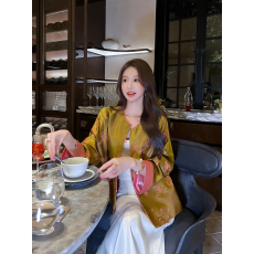 醋酸缎面重工提花新中式开衫女秋撞色滚边盘扣长袖外套婚宴高级感