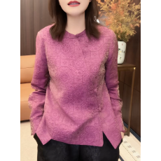 批发2026年秋季新中式紫色淡<b class='q'>人</b>提花衬衫大码女装<b class='q'>胖</b>MM<b class='q'>洋气</b>优雅长袖上衣