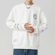 批发新款男士<b class='q'>港风</b>重磅潮流笑脸刺绣圆领青少年休闲百塔长袖卫衣