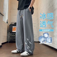 批发夏季新款国风中式刺绣直筒宽松休闲轻薄透气速干弹力休闲长裤