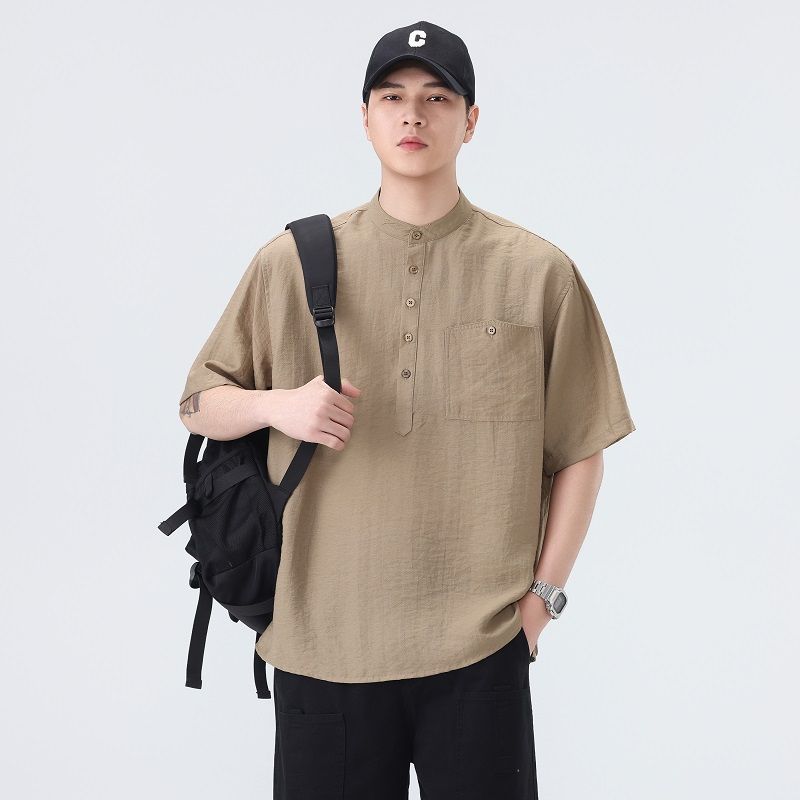 아마 일본식 레트로 스탠드 칼라 반팔 셔츠 남성 아메리칸 트렌드 여름 새로운 자수 풀오버 루즈핏 셔츠