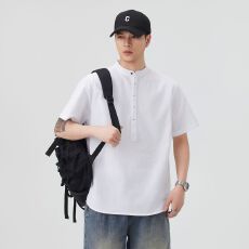 批发复古水洗夏季新款纯棉短袖衬衫男士<b class='q'>潮</b>流休闲皱布衬衣套头t恤百搭