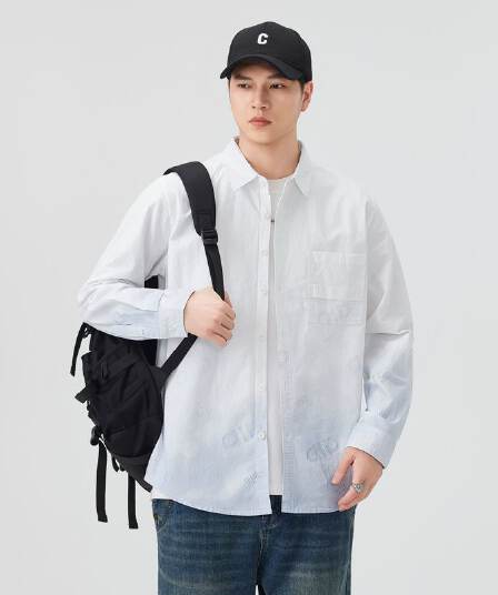 순면 일본식 워시 물 레트로 남성 루즈핏 섹션 셔츠 봄 여름 트렌드 그라데이션 프린트 긴팔 셔츠 품질