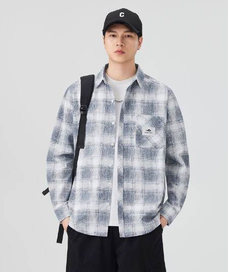 높은 품질 순면 일본식 워시 물 체크무늬 남자 루즈핏 섹션 셔츠 봄 가을 트렌드 주머니 긴팔 셔츠