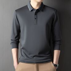 批发新款男<b class='q'>春</b>秋季长袖锦氨无痕撞色领舒适透气简约轻奢宽松休闲POLO衫