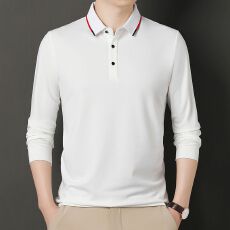批发新款男春秋季长袖锦氨无痕撞色领舒适透气简约轻奢宽松休闲POLO衫