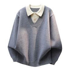 批发新款<b class='q'>男士</b>潮版翻领老钱风时尚百搭宽松<b class='q'>休闲</b>针织毛衣假两件毛衣