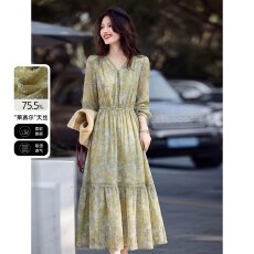 批发【莱赛尔复古A字裙】26春季新款腰果印花V领松紧腰<b class='q'>连衣裙</b>