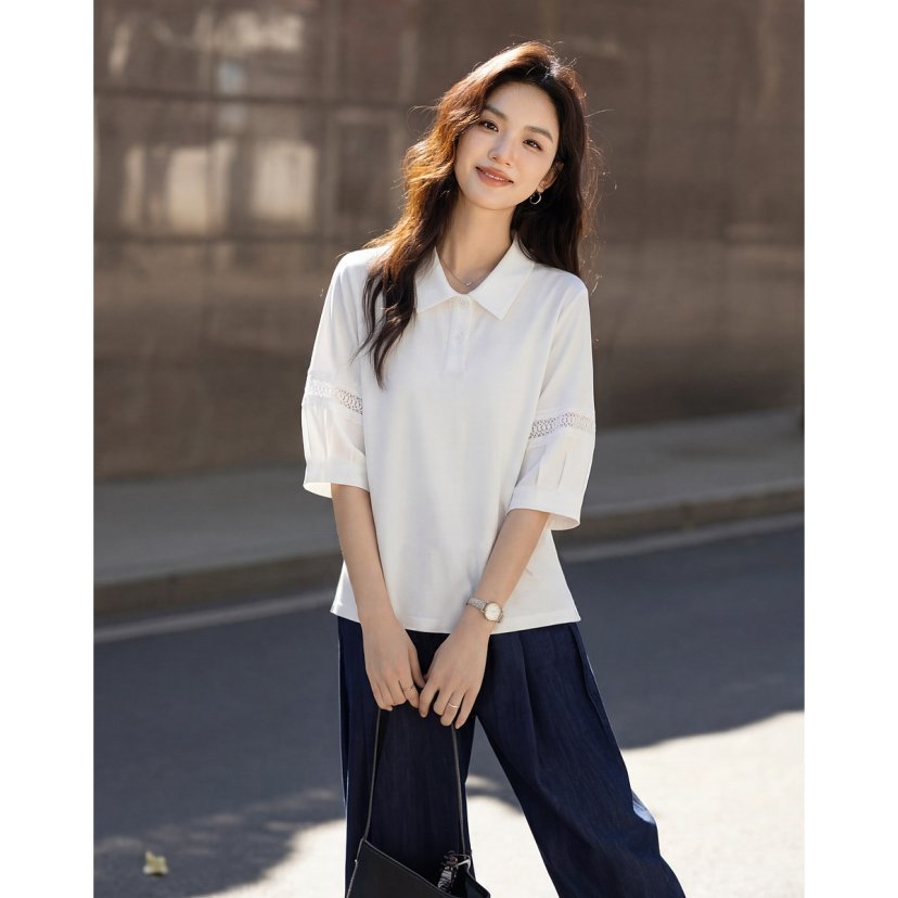 차가운 센스 블랙 기술 케이블 루오 Na 여름 품격 폴로 칼라 패치워크 레이스 레이스 반팔 슬림해 보이는 여성 티셔츠