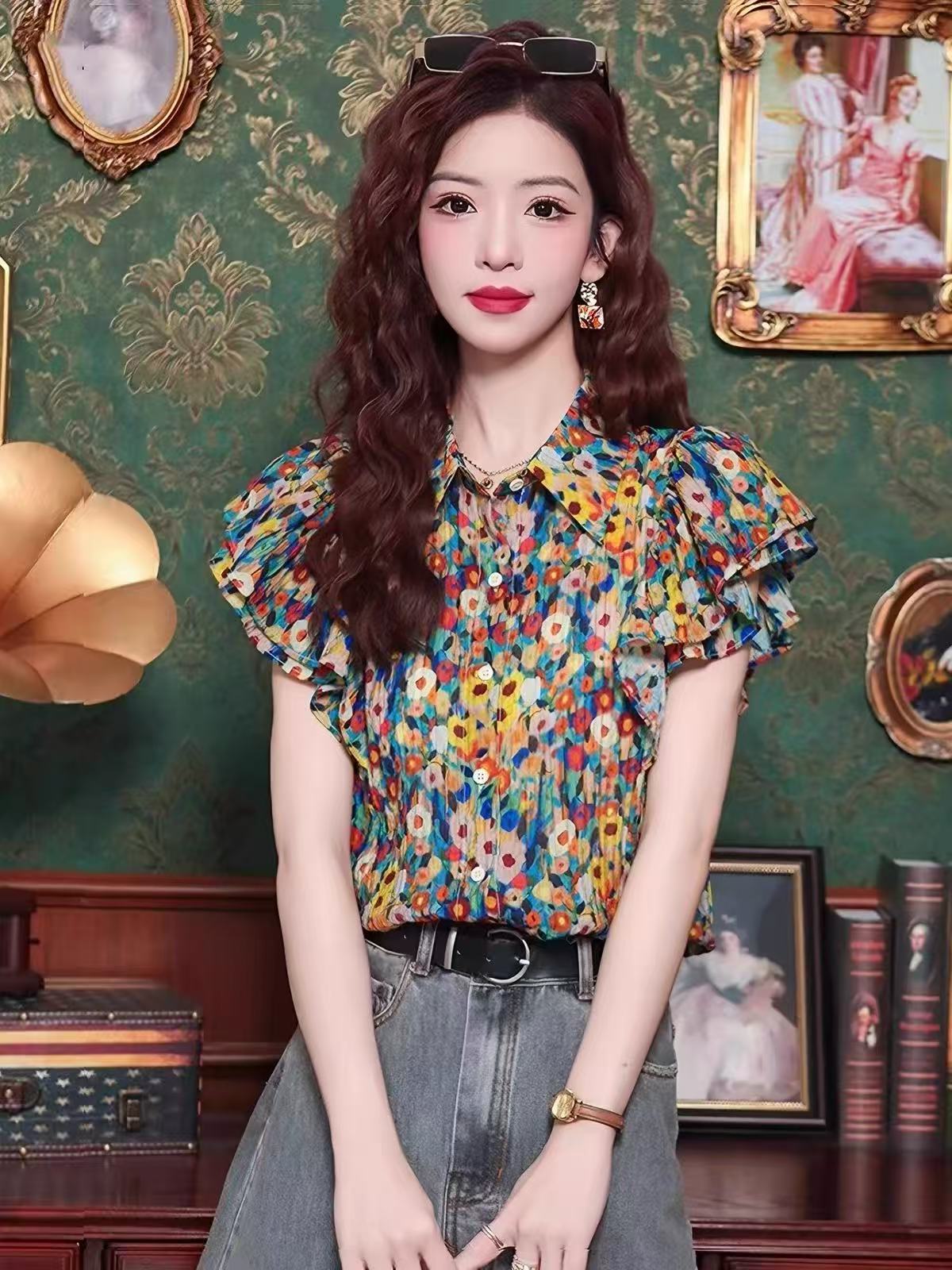 RY7457# polo领碎花衬衫短袖T恤女2026新款夏季减龄时尚高级感小飞袖上衣