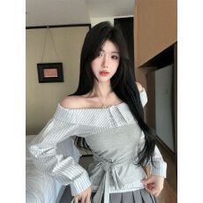 批发设计感假两件一字肩<b class='q'>长袖</b><b class='q'>T</b><b class='q'>恤</b>女秋冬新款时尚<b class='q'>条纹</b>拼接绑带衬衫上衣