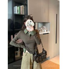 批发【人棉】格子拼接Polo领长袖T恤女装秋季别致修身显瘦<b class='q'>假两件</b>上衣