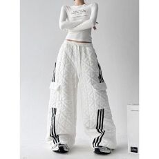 批发韩版菱格夹棉休闲裤女2025秋冬新款百搭宽松松紧腰阔腿裤