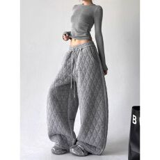 批发2025秋冬新款菱格棉裤女外穿时尚加厚防寒裤阔腿直筒休闲裤