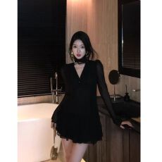 批发2025新款微胖mm纯欲气质紫色V领长袖连衣裙女<b class='q'>夏季</b>御姐性感短裙潮