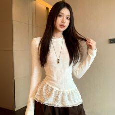 批发原版布料220克韩系复古圆领花边蕾丝<b class='q'>长袖</b>独特别致修身显瘦上衣