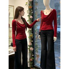 批发【法国罗纹】韩系圣诞新年氛围红色毛衣女冬季内搭针织衫上衣<b class='q'>套装</b>