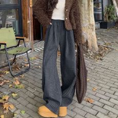 批发韩系松弛感灰色山本<b class='q'>裤</b>女秋冬2025<b class='q'>新款</b>显瘦高腰毛呢休闲垂感格子<b class='q'>裤</b>