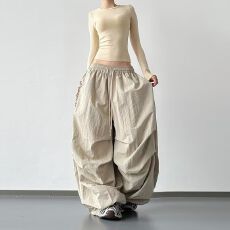 批发塔丝隆复合刺绣慵懒风设计感美式褶皱女宽松阔腿刺绣工装伞兵裤