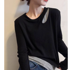 批发欧货撞色假两件<b class='q'>长袖</b><b class='q'>t</b><b class='q'>恤</b>女春秋新款修身显瘦圆领洋气内搭打底上衣
