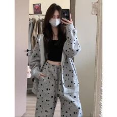 批发美式复古星星印花兔耳朵连帽睡衣女<b class='q'>春</b>秋季慵懒风长袖长裤家居套装